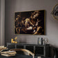 The Martyrdom of Saint Matthew, 1599-1600 by Caravaggio in a gold floater framed canvas featuring a religious narrative showing violent attack on saint in crowded setting, displayed above a desk in a dark home office interior.