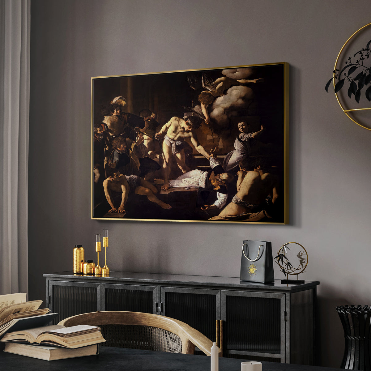 The Martyrdom of Saint Matthew, 1599-1600 by Caravaggio in a gold floater framed canvas featuring a religious narrative showing violent attack on saint in crowded setting, displayed above a desk in a dark home office interior.