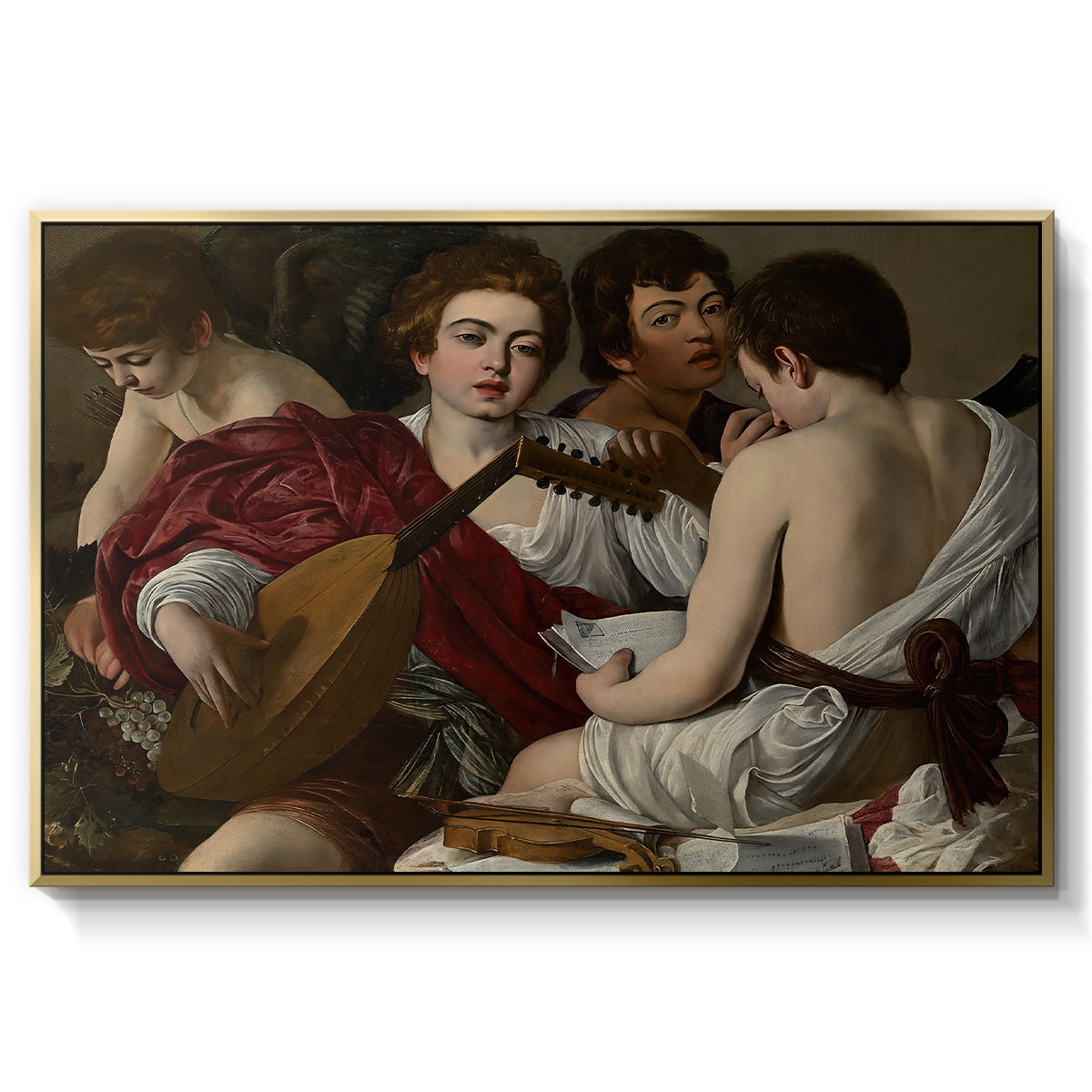 The Musicians, c. 1595 by Caravaggio in a gold floater framed canvas wall art display.