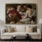 The Musicians, c. 1595 by Caravaggio displayed in a gold floater framed canvas above a sofa in a clean living room.