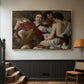 Gold floater framed canvas featuring a musical gathering with figures posed closely in soft light, displayed in a hallway near a staircase.