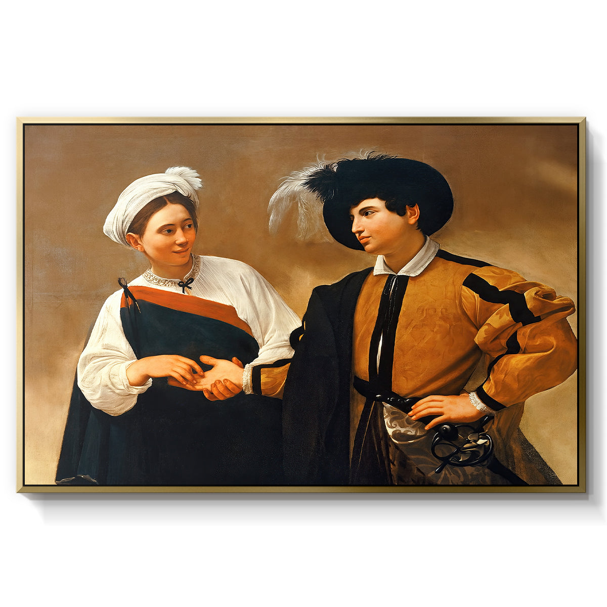 The Fortune Teller (Capitoline Version), c. 1599 by Caravaggio in a gold floater framed canvas wall art display.