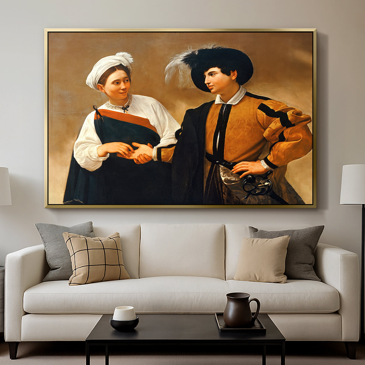 The Fortune Teller (Capitoline Version), c. 1599 by Caravaggio displayed in a gold floater framed canvas above a sofa in a clean living room.