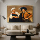 The Fortune Teller (Capitoline Version), c. 1599 by Caravaggio as a gold floater framed canvas featuring a woman reading man's palm while discreetly removing his ring, displayed above a sofa in a modern living room.