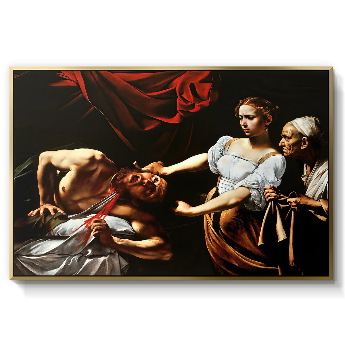 Judith Beheading Holofernes, c. 1599 by Caravaggio in a gold floater framed canvas wall art display.