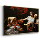 Angled view of Judith Beheading Holofernes, c. 1599 by Caravaggio in a gold floater framed canvas.
