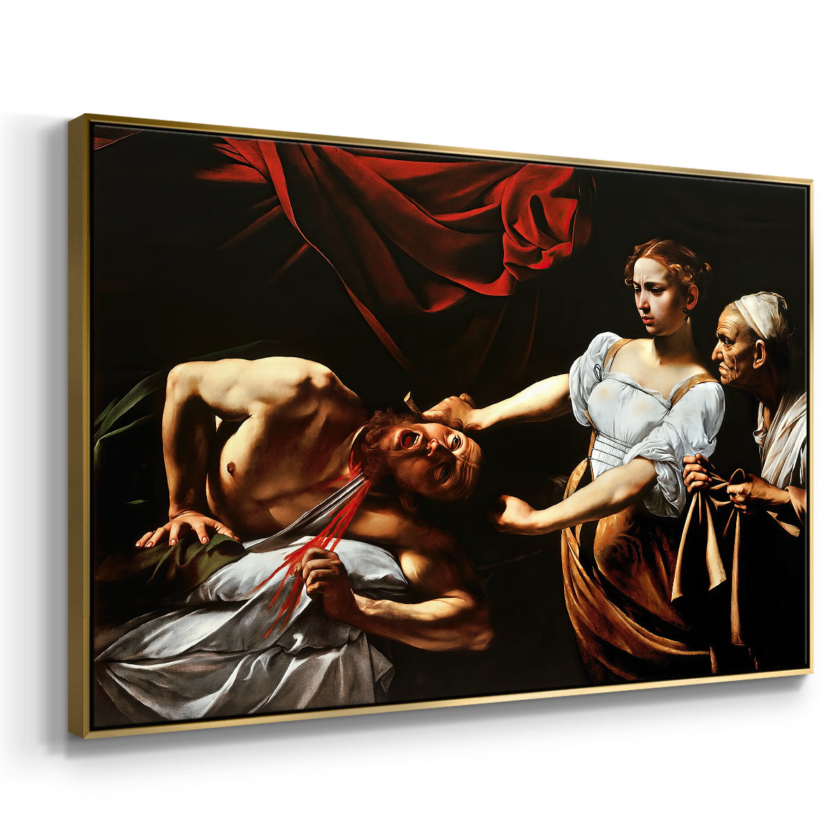 Angled view of Judith Beheading Holofernes, c. 1599 by Caravaggio in a gold floater framed canvas.