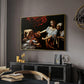 Judith Beheading Holofernes, c. 1599 by Caravaggio in a gold floater framed canvas featuring an intense moment of Judith slaying Holofernes with sword, displayed above a desk in a dark home office interior.