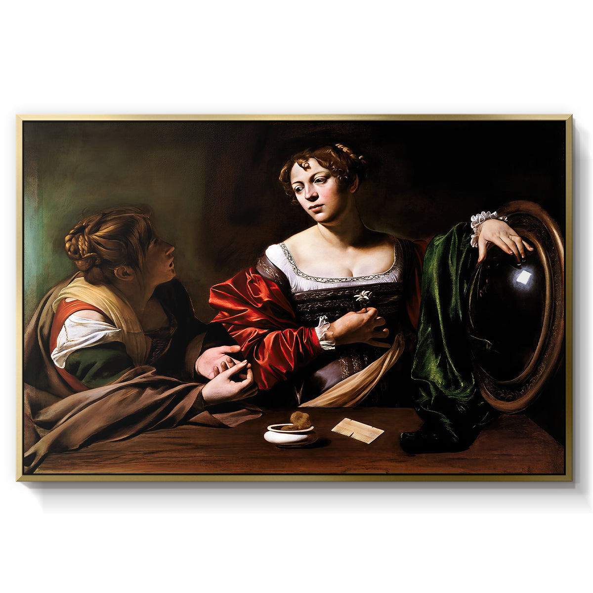 Martha and Mary Magdalene, c. 1598 by Caravaggio in a gold floater framed canvas wall art display.