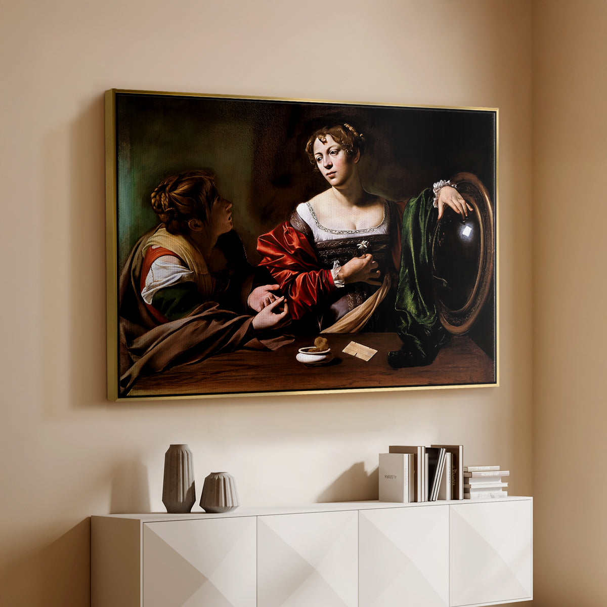 Gold floater framed canvas of Martha and Mary Magdalene, c. 1598 by Caravaggio, featuring a biblical scene of Martha speaking to Mary Magdalene indoors above a console cabinet in a minimalist entryway.
