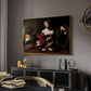 Martha and Mary Magdalene, c. 1598 by Caravaggio in a gold floater framed canvas featuring an intimate interaction between two women with mirror and objects, displayed above a desk in a dark home office interior.