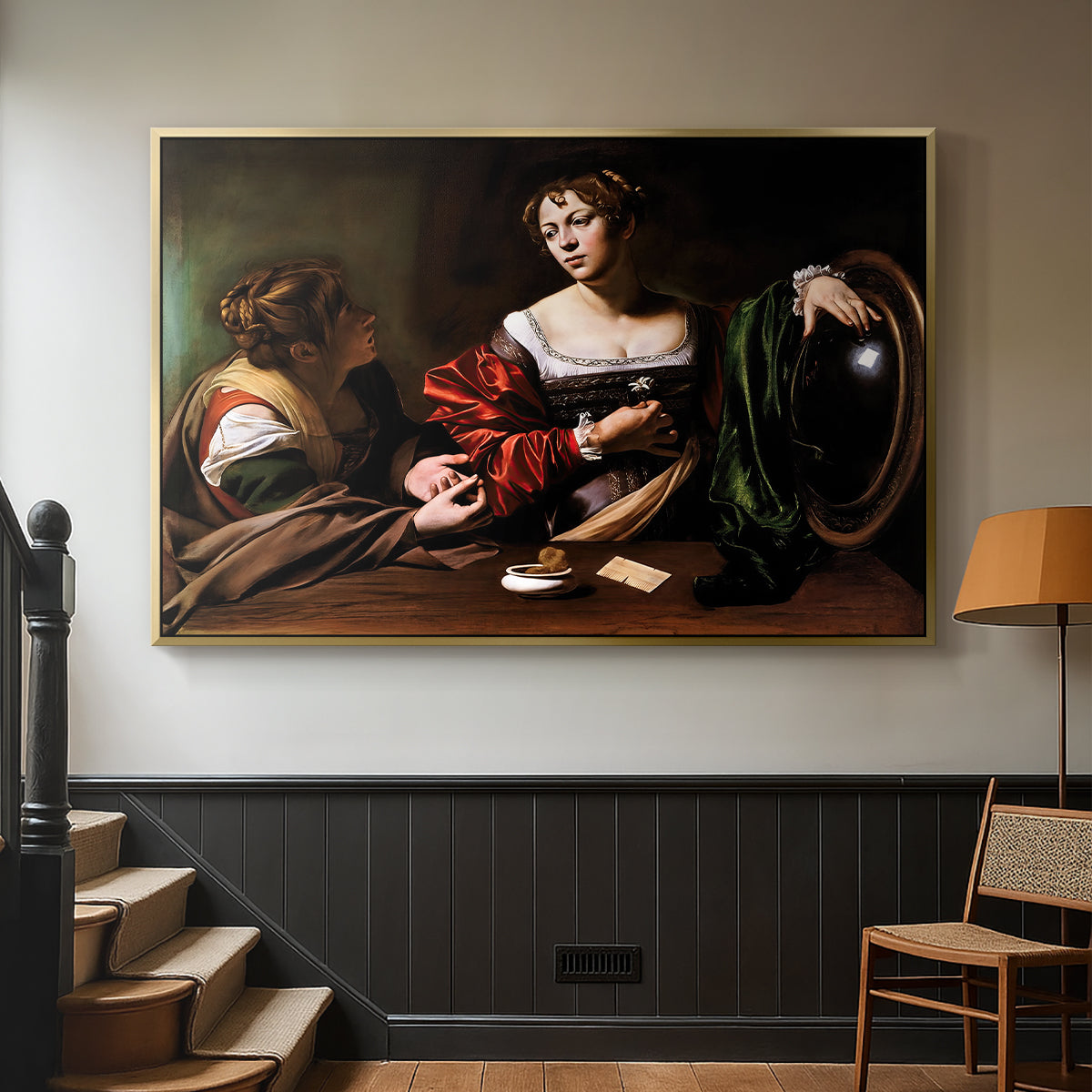 Gold floater framed canvas featuring a religious interior scene with figures engaged in thoughtful dialogue, displayed in a hallway near a staircase.