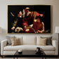 The Sacrifice of Isaac (Uffizi Version), c. 1603 by Caravaggio displayed in a gold floater framed canvas above a sofa in a clean living room.