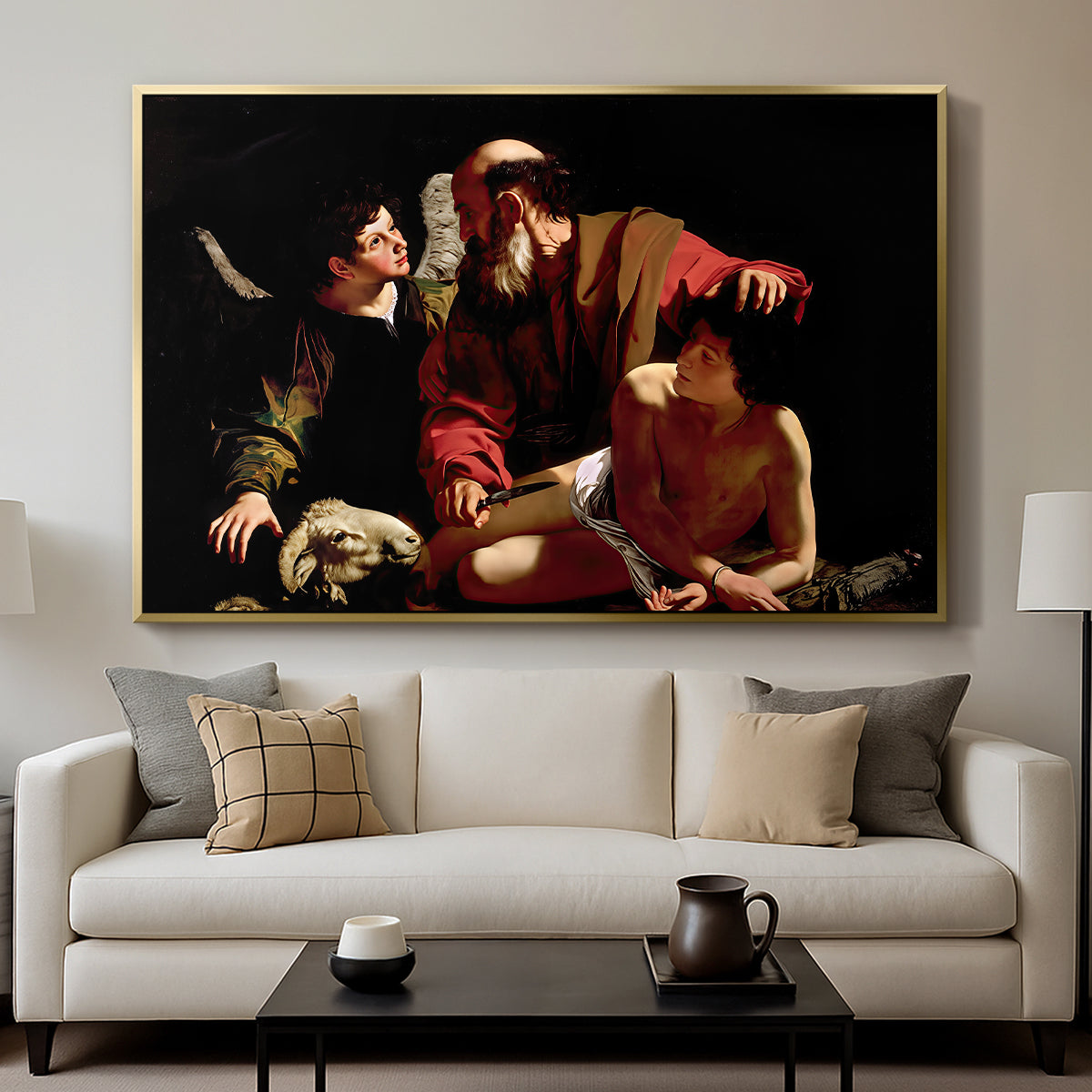 The Sacrifice of Isaac (Uffizi Version), c. 1603 by Caravaggio displayed in a gold floater framed canvas above a sofa in a clean living room.