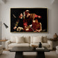 The Sacrifice of Isaac (Uffizi Version), c. 1603 by Caravaggio as a gold floater framed canvas featuring Abraham holding Isaac while angel intervenes to stop the sacrifice, displayed above a sofa in a modern living room.