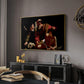 The Sacrifice of Isaac (Uffizi Version), c. 1603 by Caravaggio in a gold floater framed canvas featuring a dramatic moment of divine intervention during sacrifice of Isaac, displayed above a desk in a dark home office interior.