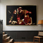 Gold floater framed canvas featuring an intense religious narrative with figures in close physical struggle, displayed in a hallway near a staircase.