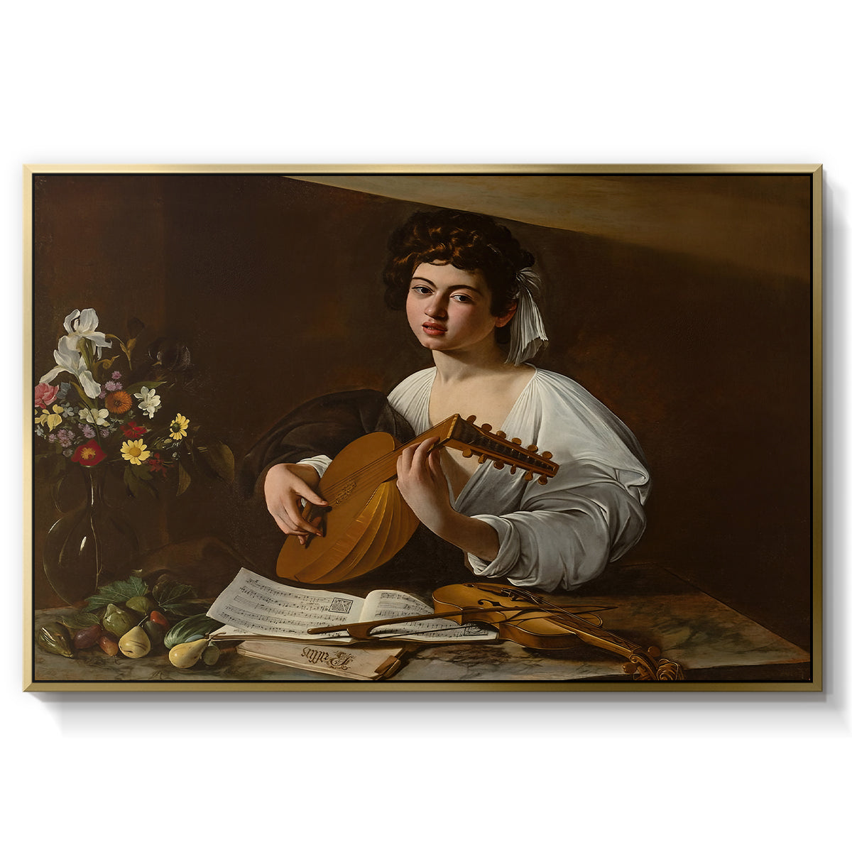 The Lute Player (Hermitage Version), c. 1596 by Caravaggio in a gold floater framed canvas wall art display.