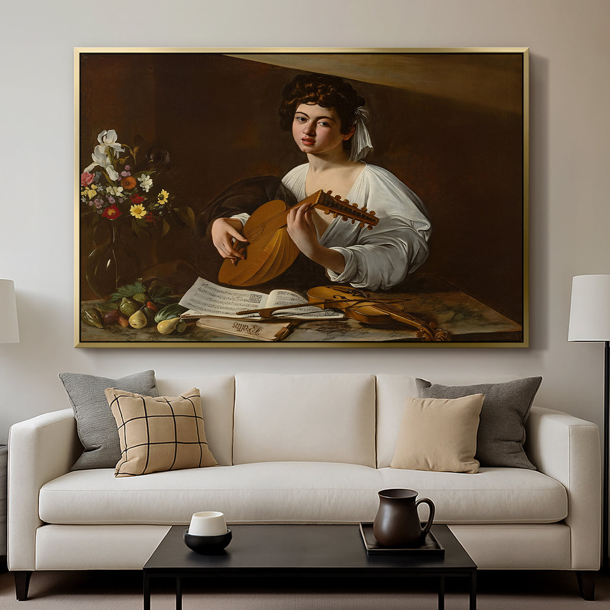 The Lute Player (Hermitage Version), c. 1596 by Caravaggio displayed in a gold floater framed canvas above a sofa in a clean living room.