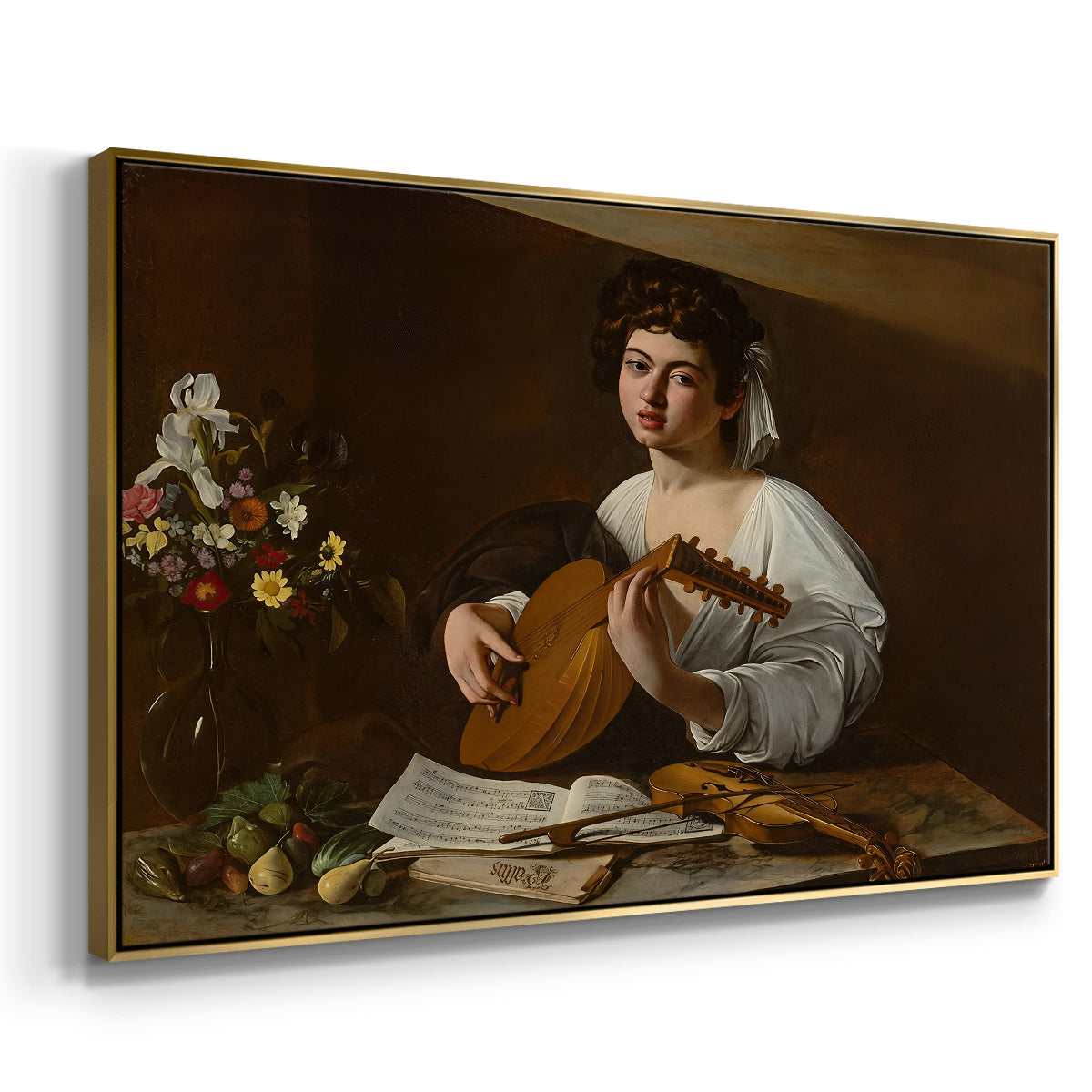 Angled view of The Lute Player (Hermitage Version), c. 1596 by Caravaggio in a gold floater framed canvas.