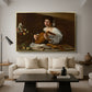 The Lute Player (Hermitage Version), c. 1596 by Caravaggio as a gold floater framed canvas featuring a young musician playing lute beside table with fruit and sheet music, displayed above a sofa in a modern living room.