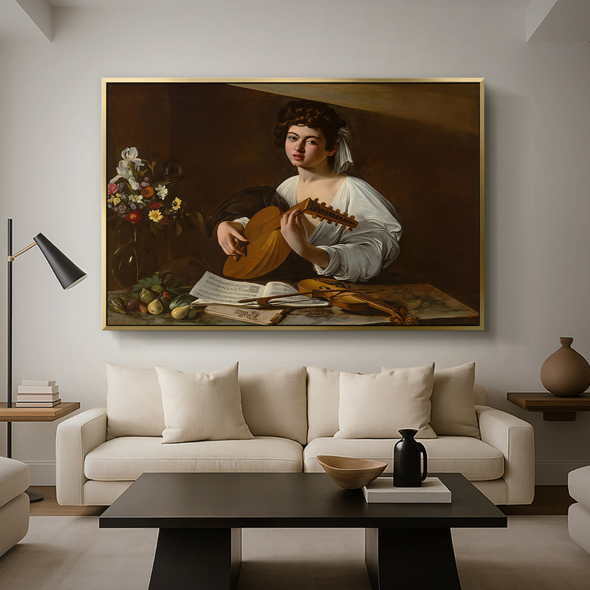 The Lute Player (Hermitage Version), c. 1596 by Caravaggio as a gold floater framed canvas featuring a young musician playing lute beside table with fruit and sheet music, displayed above a sofa in a modern living room.