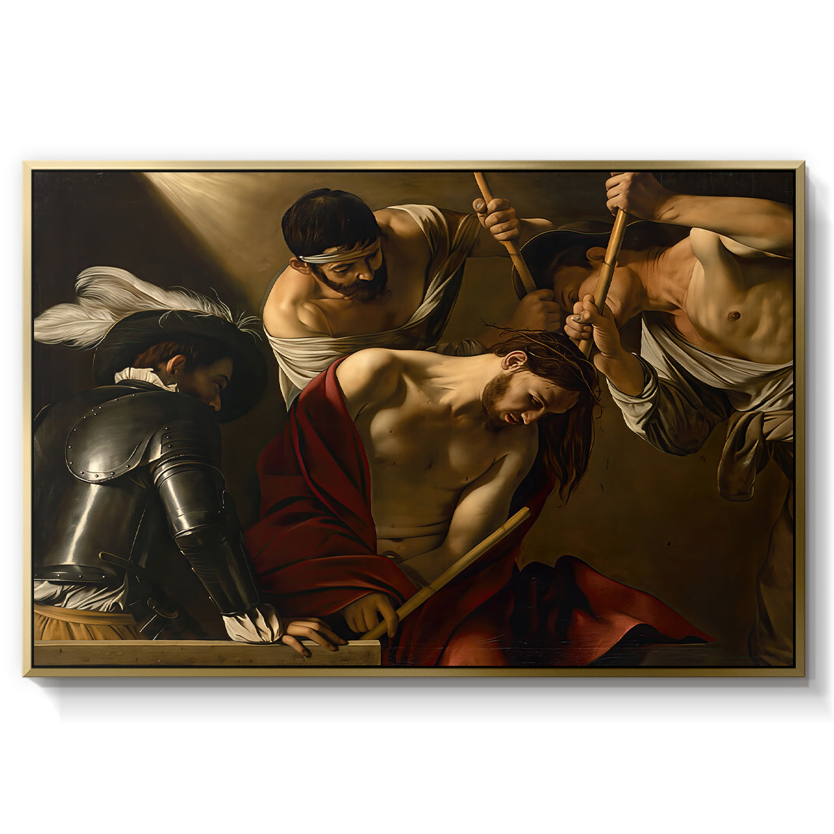 The Crowning with Thorns (Vienna Version), c. 1602-1604 by Caravaggio in a gold floater framed canvas wall art display.