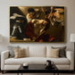The Crowning with Thorns (Vienna Version), c. 1602-1604 by Caravaggio displayed in a gold floater framed canvas above a sofa in a clean living room.