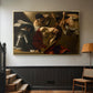 Gold floater framed canvas featuring an intense religious composition with strong shadow and physical struggle, displayed in a hallway near a staircase.