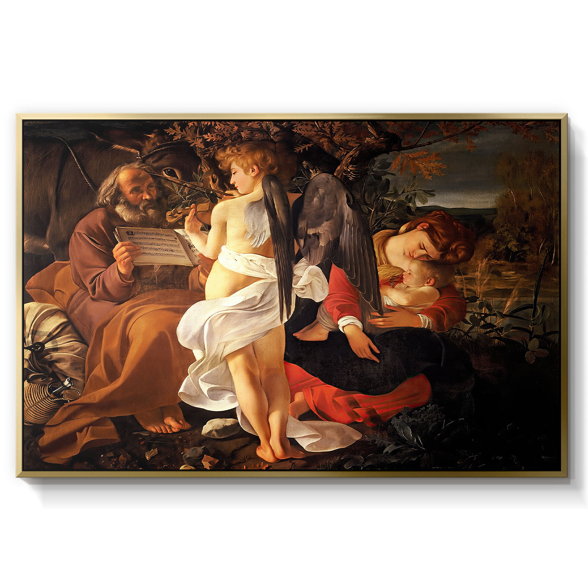 Rest on the Flight into Egypt, c. 1597 by Caravaggio in a gold floater framed canvas wall art display.