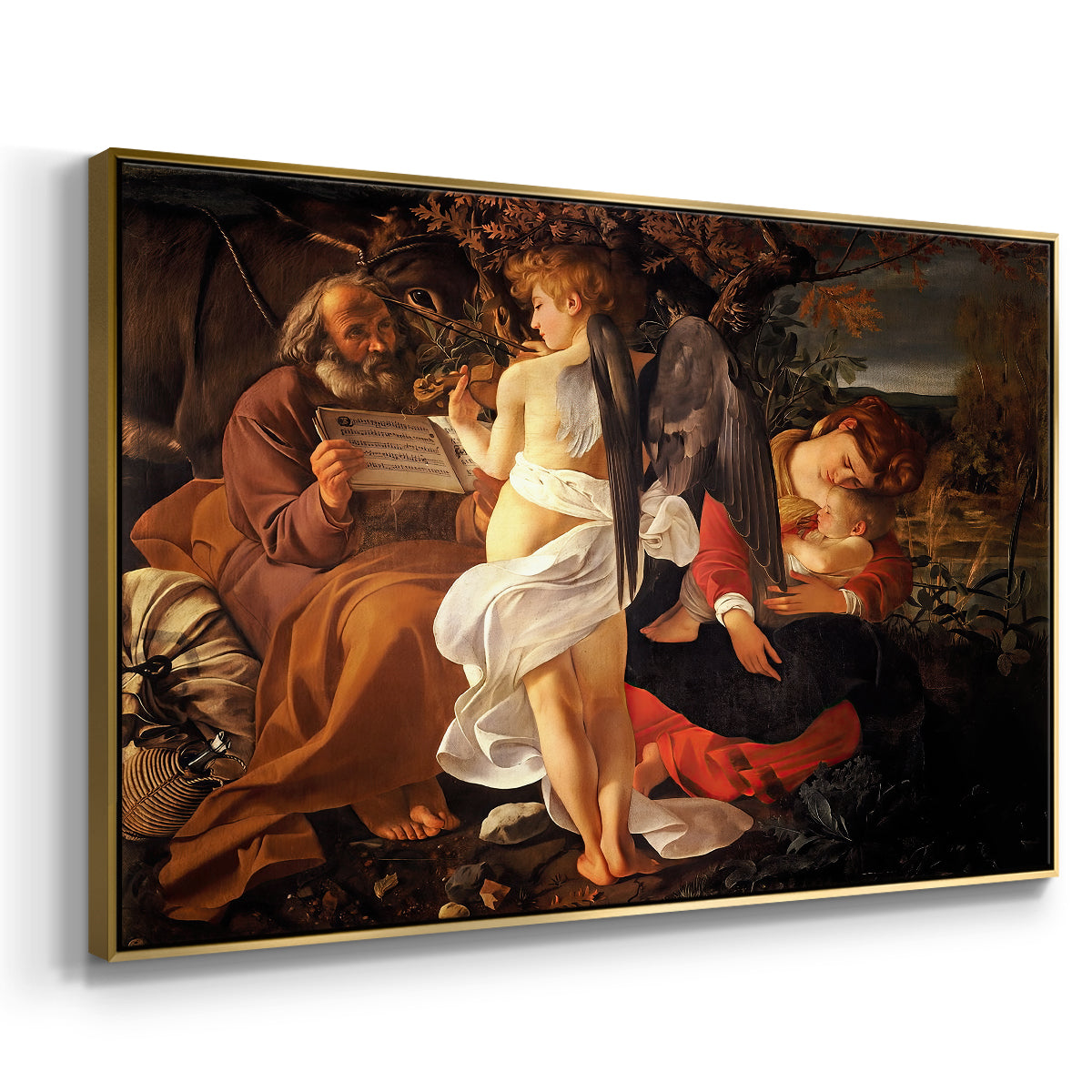 Angled view of Rest on the Flight into Egypt, c. 1597 by Caravaggio in a gold floater framed canvas.