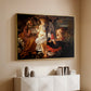 Gold floater framed canvas of Rest on the Flight into Egypt, c. 1597 by Caravaggio, featuring a biblical scene of Mary, Joseph, and infant resting with angel musician above a console cabinet in a minimalist entryway.