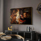 Rest on the Flight into Egypt, c. 1597 by Caravaggio in a gold floater framed canvas featuring a peaceful religious moment with figures reclining in natural setting, displayed above a desk in a dark home office interior.