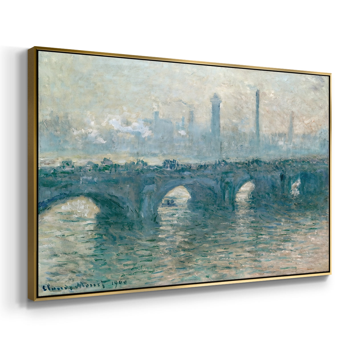 Angled view of Waterloo Bridge, Gray Weather, 1900 by Claude Monet in a gold floater framed canvas.