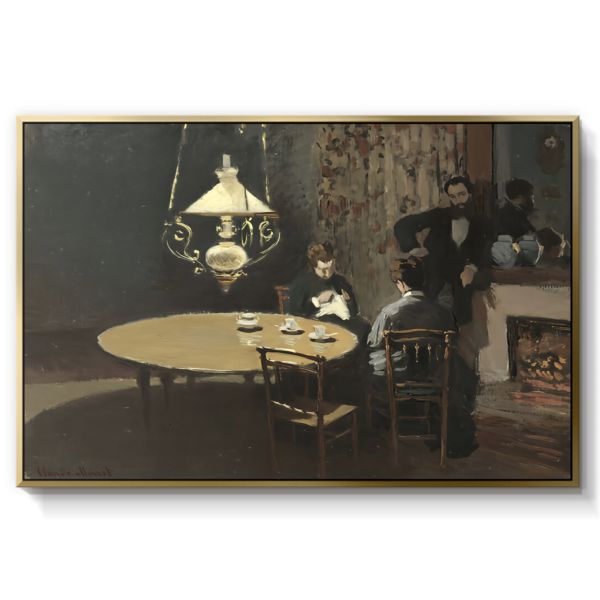 Interior, after Dinner, 1868-1869 by Claude Monet in a gold floater framed canvas wall art display.