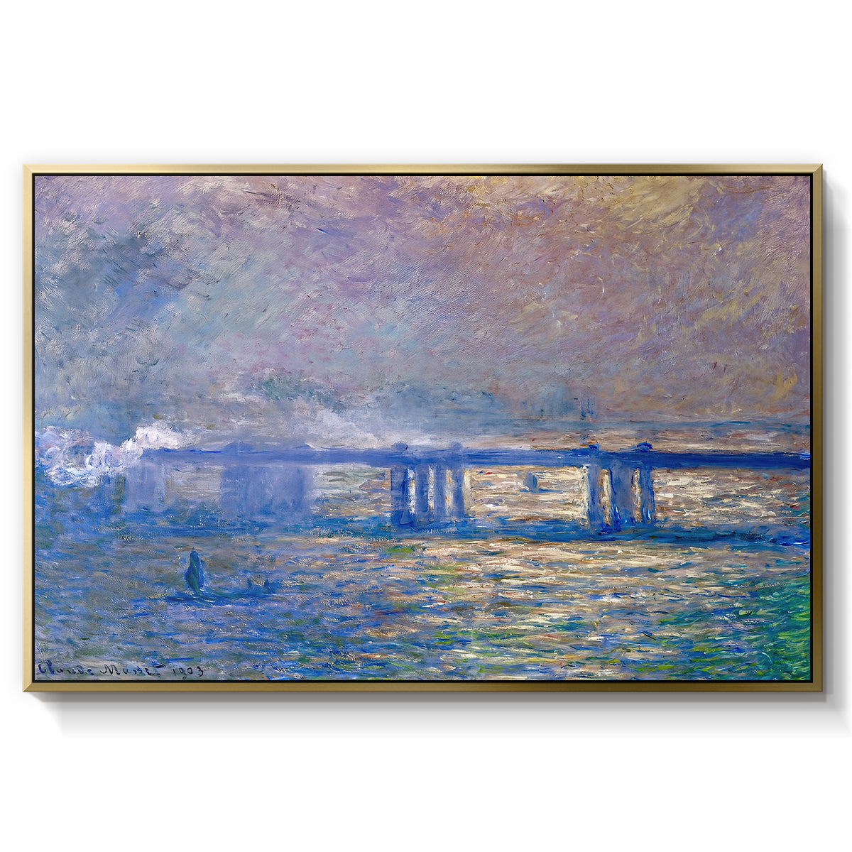 Charing Cross Bridge, 1903 by Claude Monet in a gold floater framed canvas wall art display.