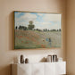 Gold floater framed canvas of The Poppy Field near Argenteuil, 1873 by Claude Monet, featuring an impressionist countryside scene with flowers and strolling figures above a console cabinet in a minimalist entryway.
