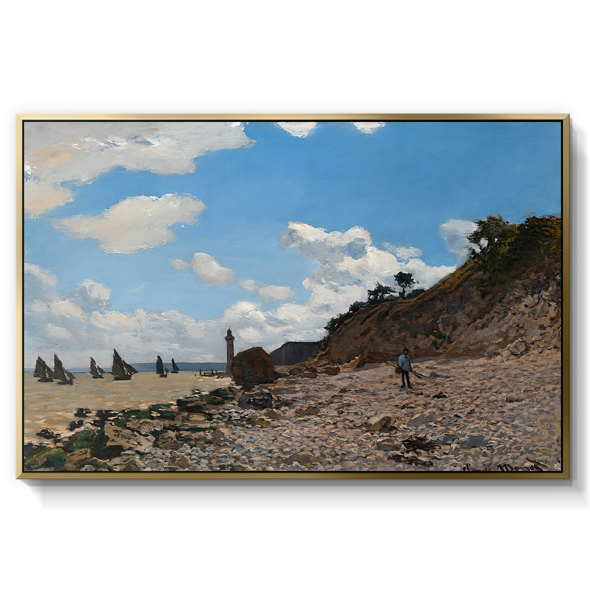 The Beach at Honfleur, 1864 by Claude Monet in a gold floater framed canvas wall art display.