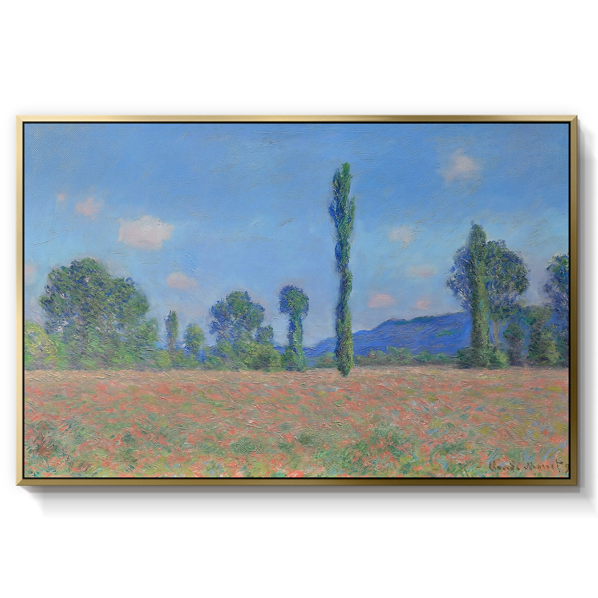 Poppy Field (Giverny), 1890-1891 by Claude Monet in a gold floater framed canvas wall art display.