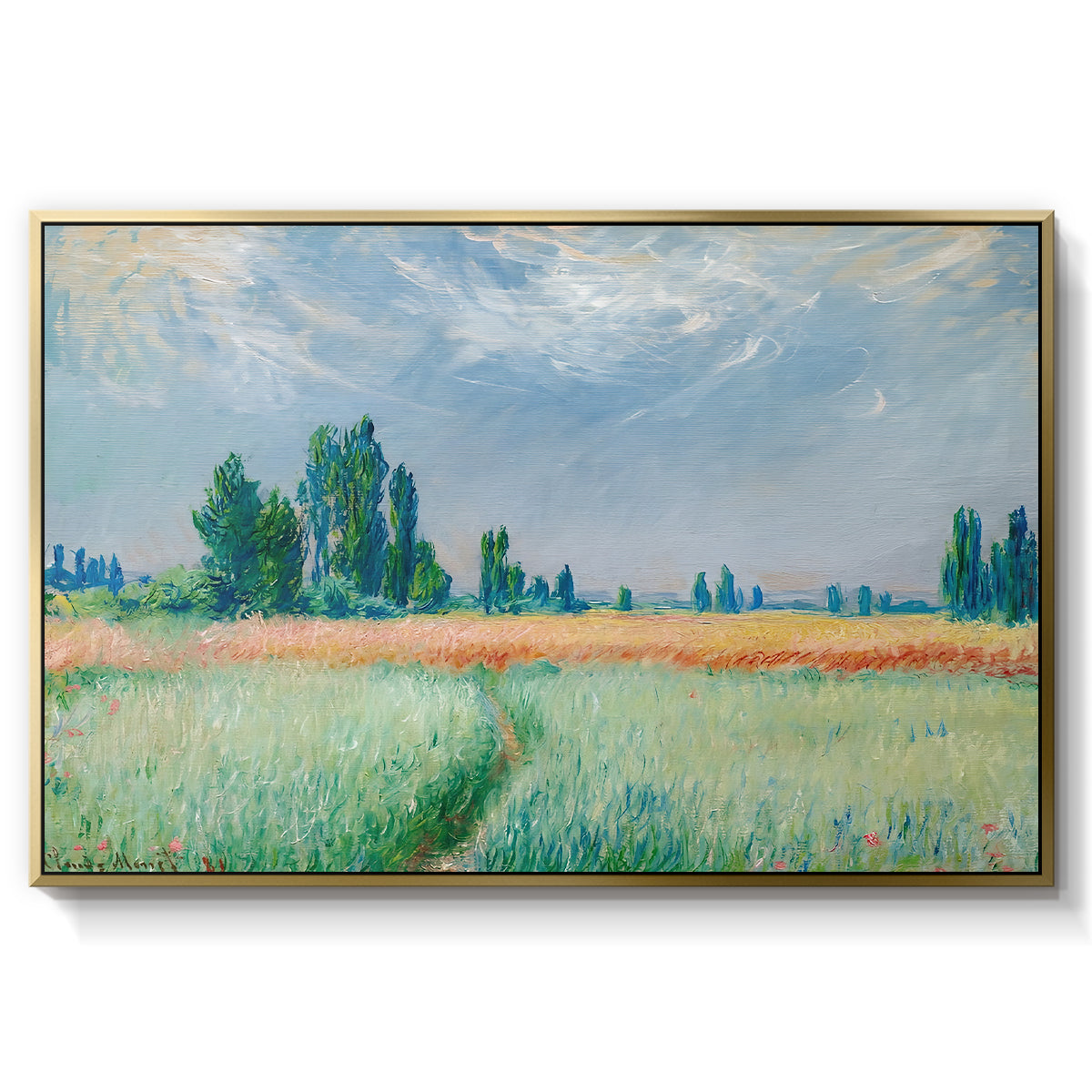 The Wheat Field (Champ de Blé), 1881 by Claude Monet in a gold floater framed canvas wall art display.