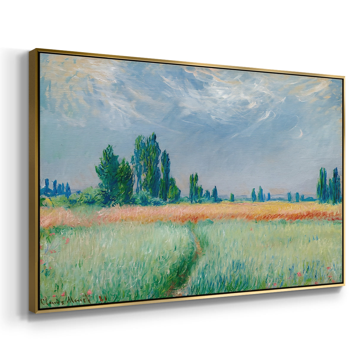 Angled view of The Wheat Field (Champ de Blé), 1881 by Claude Monet in a gold floater framed canvas.