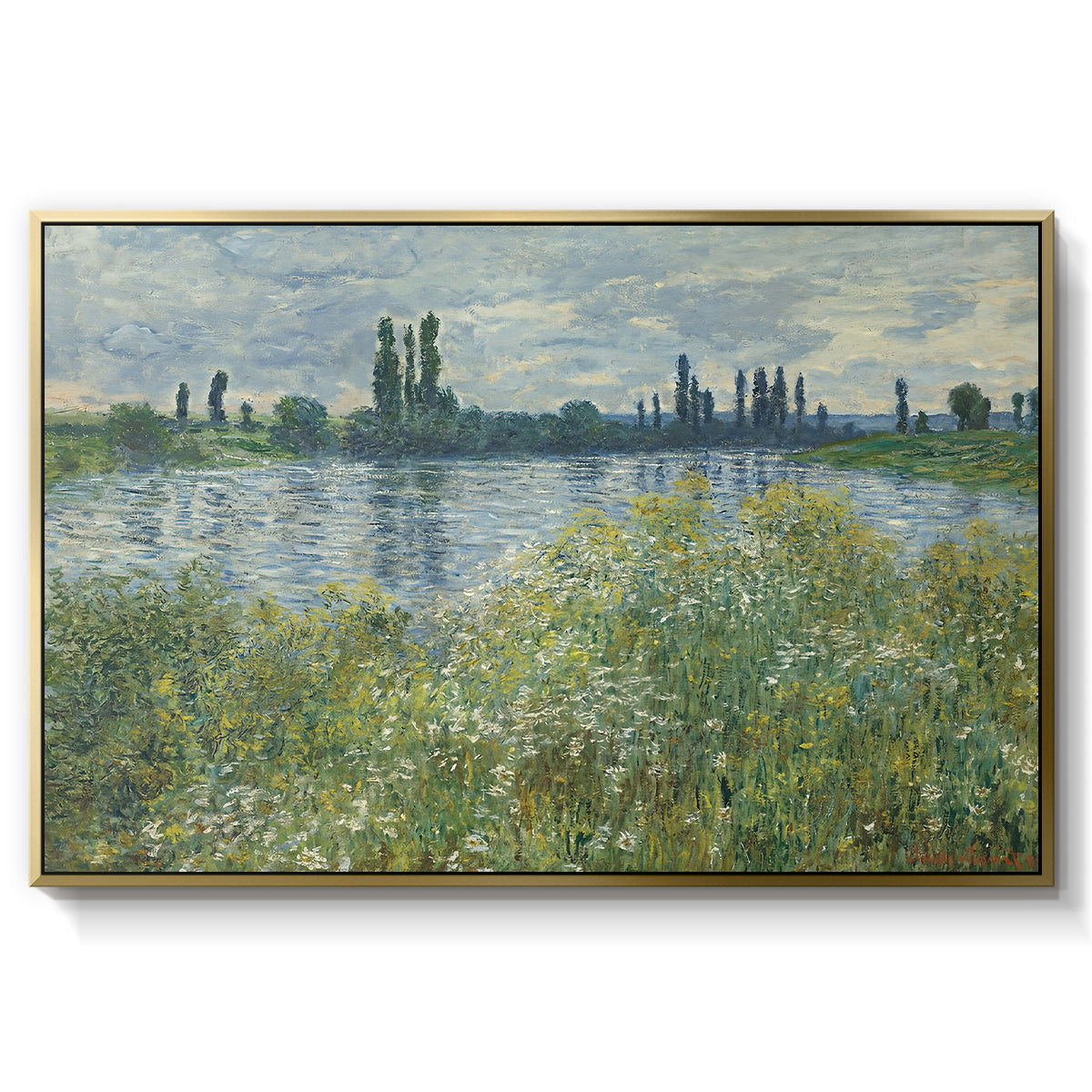 Banks of the Seine, Vétheuil, 1880 by Claude Monet in a gold floater framed canvas wall art display.