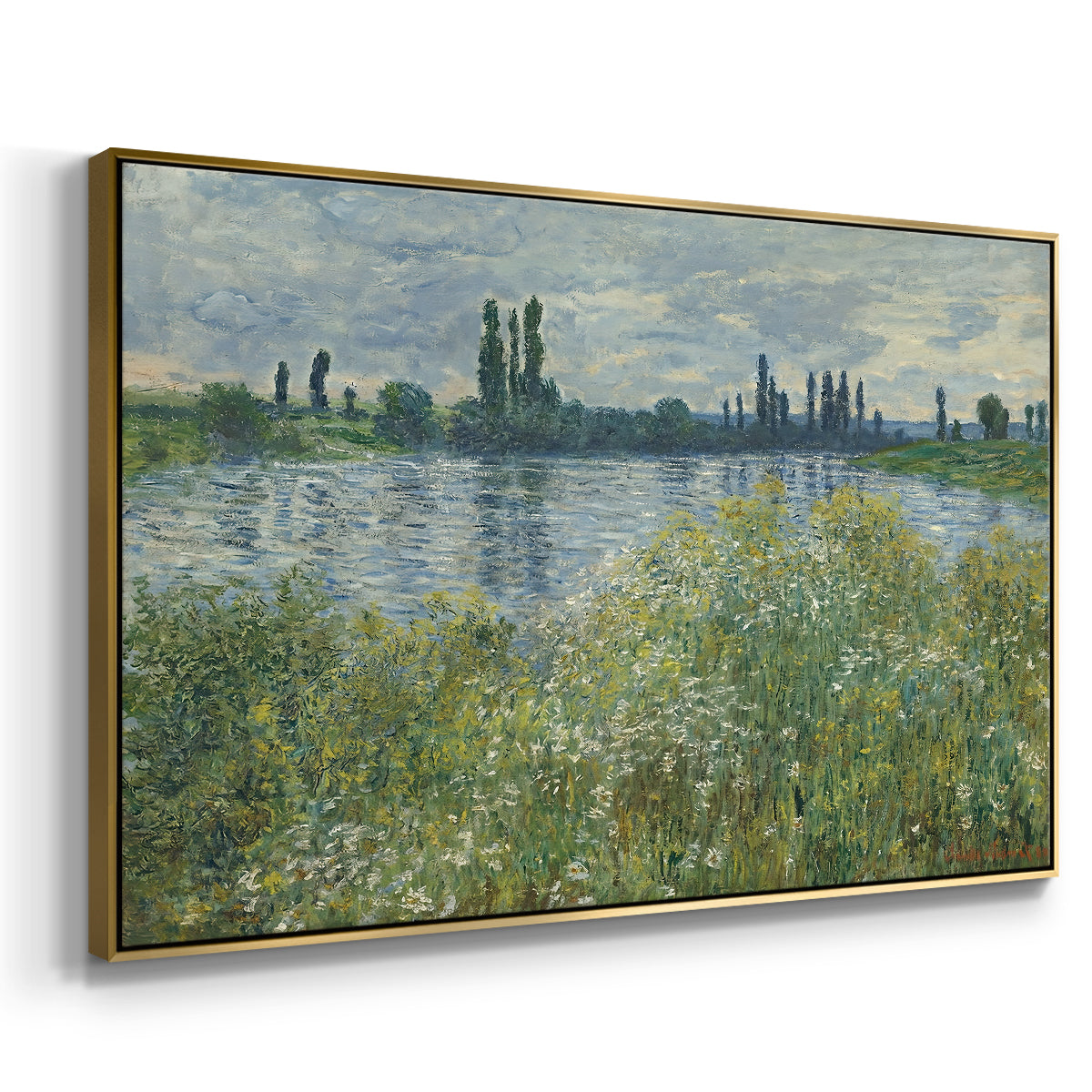 Angled view of Banks of the Seine, Vétheuil, 1880 by Claude Monet in a gold floater framed canvas.