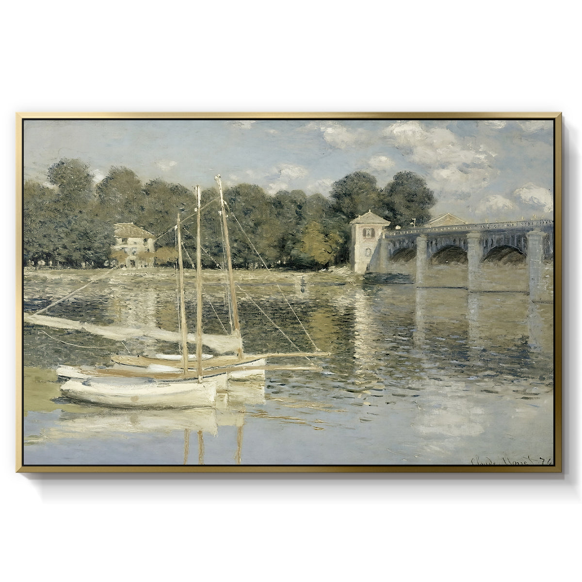 The Bridge at Argenteuil, 1874 by Claude Monet in a gold floater framed canvas wall art display.