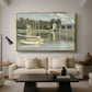 The Bridge at Argenteuil, 1874 by Claude Monet as a gold floater framed canvas featuring a bridge spanning river with sailboats and reflections in water, displayed above a sofa in a modern living room.