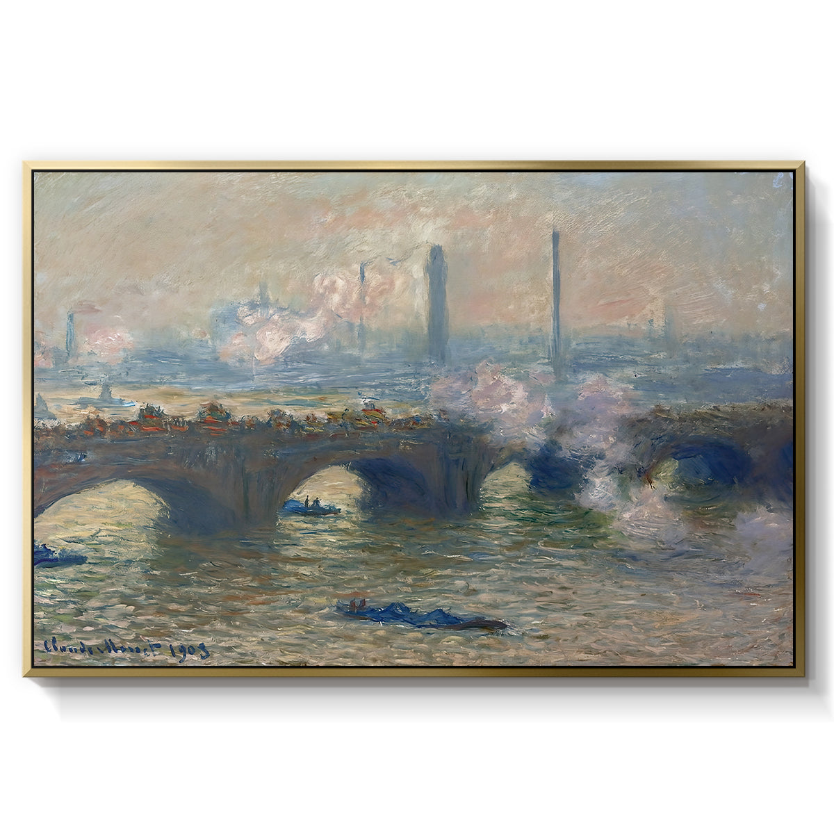 Waterloo Bridge, Gray Day, 1903 by Claude Monet in a gold floater framed canvas wall art display.