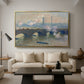Waterloo Bridge, Gray Day, 1903 by Claude Monet as a gold floater framed canvas featuring a muted cityscape of bridge spanning river under overcast sky, displayed above a sofa in a modern living room.