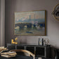 Waterloo Bridge, Gray Day, 1903 by Claude Monet in a gold floater framed canvas featuring a river and bridge scene with diffused light and urban backdrop, displayed above a desk in a dark home office interior.