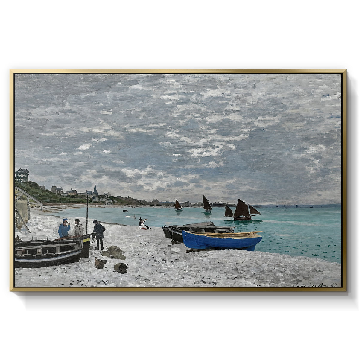 The Beach at Sainte-Adresse, 1867 by Claude Monet in a gold floater framed canvas wall art display.