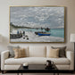 The Beach at Sainte-Adresse, 1867 by Claude Monet displayed in a gold floater framed canvas above a sofa in a clean living room.